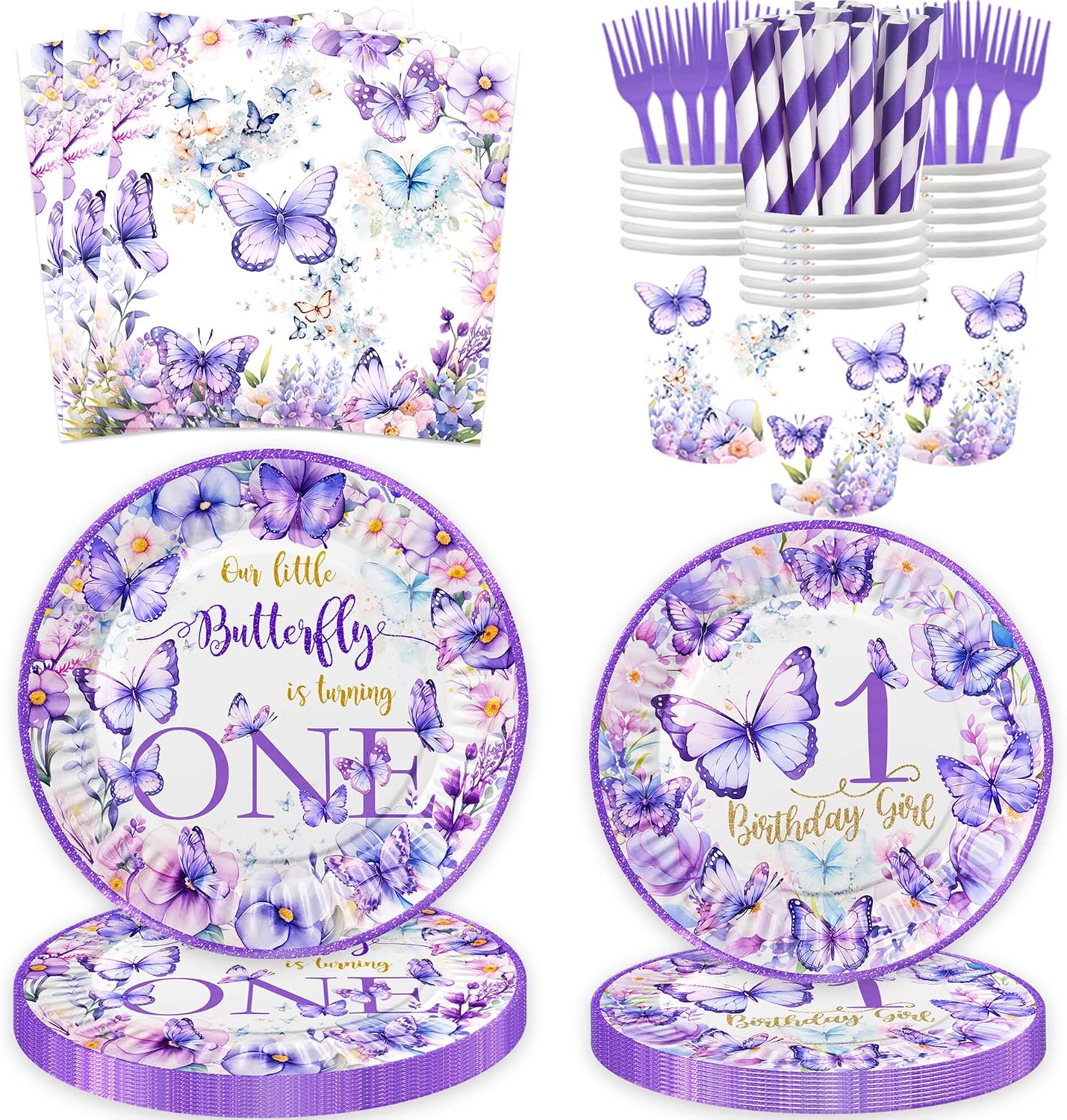 120 Pcs Butterfly 1st Birthday Party Supplies Girl Purple Our Little Butterfly is Turning One Decoration Includes Paper Plates Napkins Cups Straws Forks for Butterfly One Year Old Birthday Favors