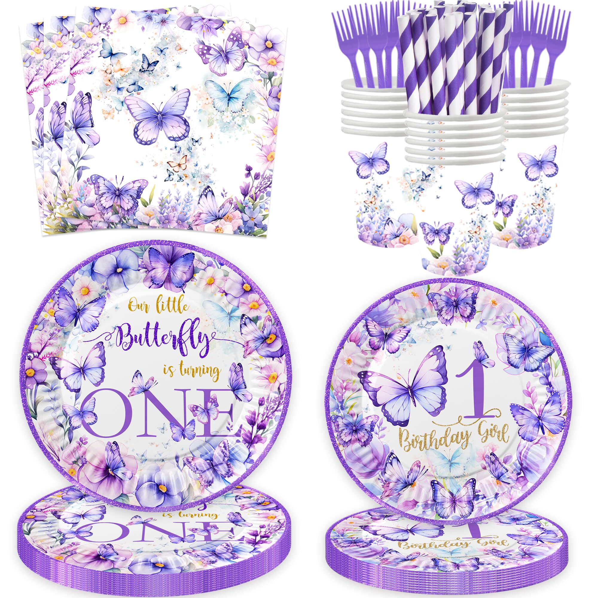 120 Pcs Butterfly 1st Birthday Party Supplies Girl Purple Our Little Butterfly is Turning One Decoration Includes Paper Plates Napkins Cups Straws