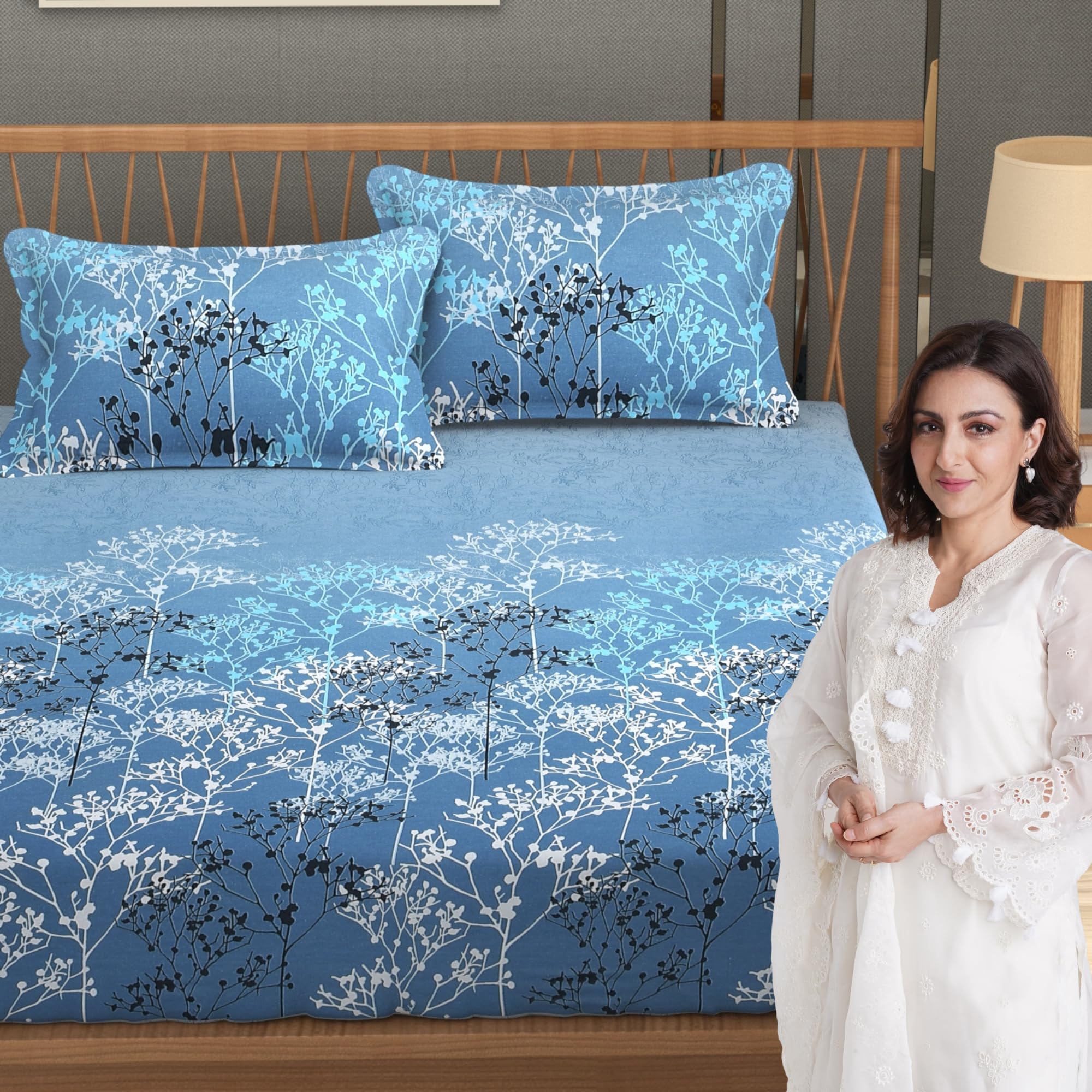 Mafatlal King Size Bedsheet - Beige Blue Leaf Print -8