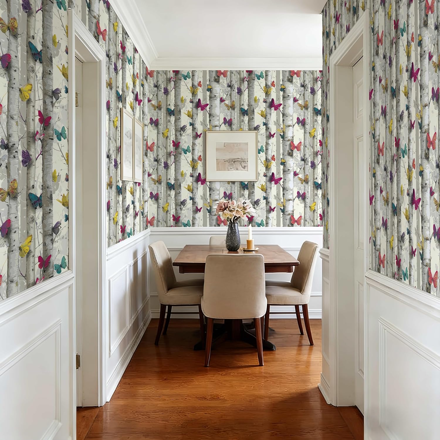 Birch Tree Butterfly Peel and Stick Wallpaper, (White and Multicolor) Whimsical Woodland Pattern Wallpaper for Home Decor | 17.7" x 236", Self-Adhesive, Waterproof Vinyl