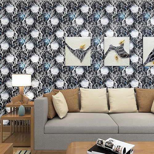 Miniatura 2 de HelloWall Papel tapiz autoadhesivo de 17.5 x 317 pulgadas, diseño de ramas de árbol, color plateado, blanco, luna, papel de contacto autoadhesivo