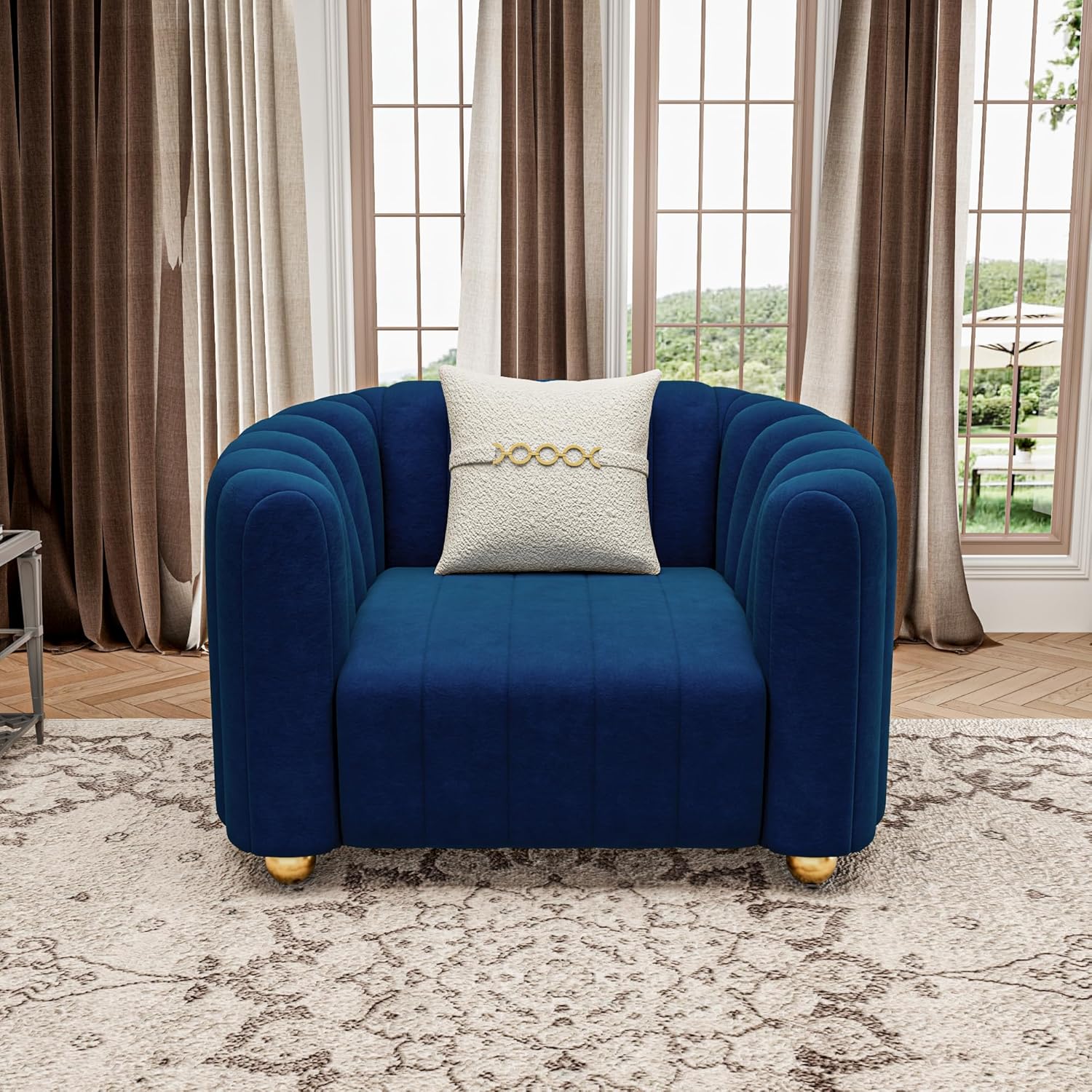 3-Piece Blue Velvet Tufted Sofa Set for Living Room, 3 Piece Modern Design Couch Set with Gold Metal Ball Legs, Lovely Upholstered Sherpa Furniture Set for Office (Blue, 1+1+3 Set)