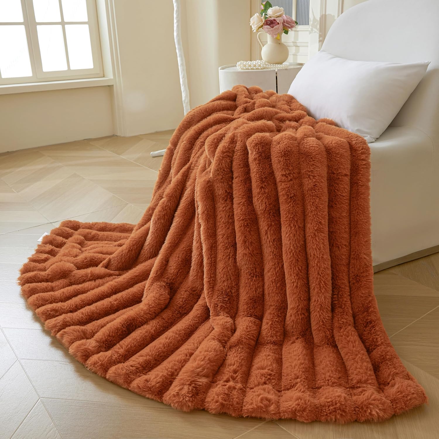 MEGO Fluffy Faux Rabbit Fur Throw, Luxury Stripe Plush Fuzzy Blanket for Bed Couch Sofa Chair, Decorative Shaggy Throw Bedroom Living Room, Furry Blanket Kids Girls Teens Adults, 50x60, Burnt Orange - Image 5