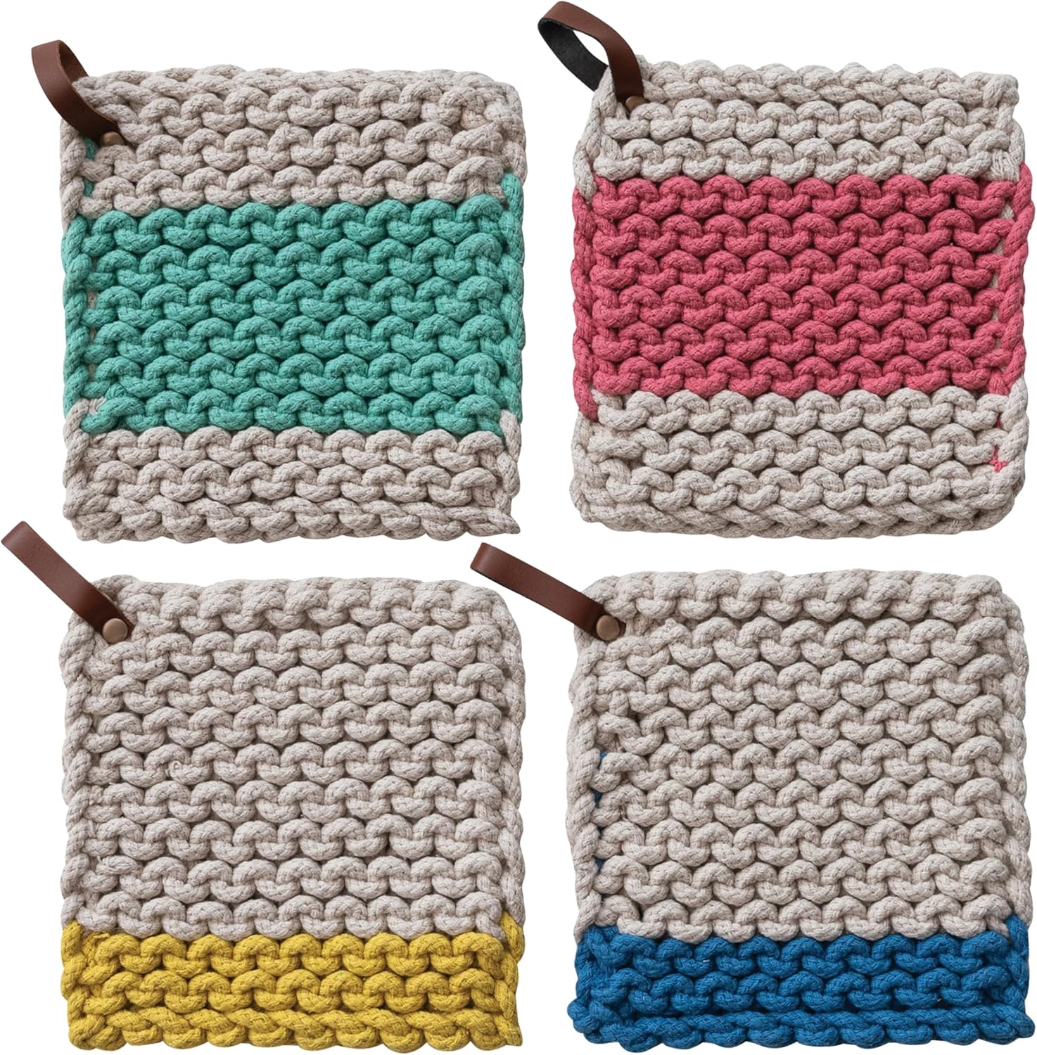 Creative Co-Op 4-Piece Cotton Crocheted Pot Holder with Leather Loop, Multicolor