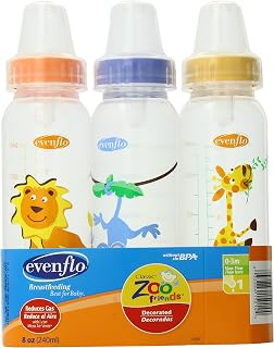 Evenflo Zoo Friends 3-Pack 8oz Baby Bottles with Slow Flow Nipples - BPA-Free, Anti-Colic Vents, Dishwasher Safe