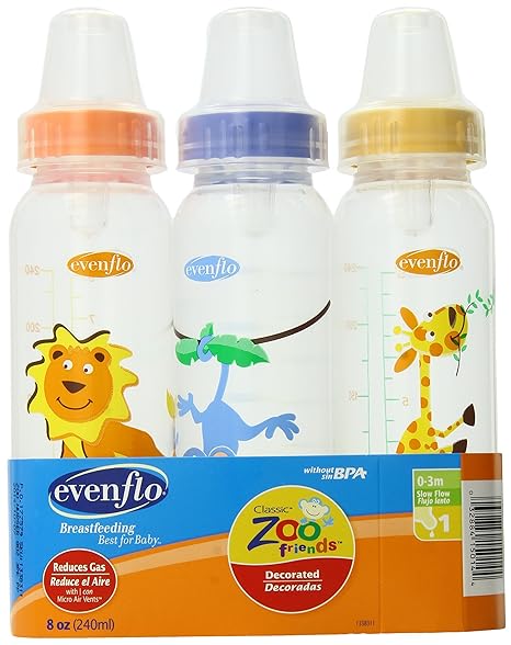 Evenflo Zoo Friends 3 Count Standard Nipple Bottle, 8 Ounce
