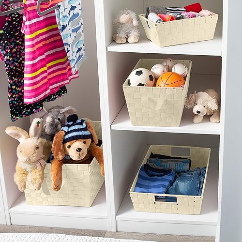 Miniatura 8 de Simplify Bolsa grande con correa tejida, cesta de almacenamiento decorativa, asas integradas, accesorios organizadores, cajones, escritorios,