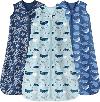 Unnivoll 3er Pack Schlafsack Baby Sommer 0.5 Tog 100% Baumwolle Sommerschlafsack Babyschlafsack 12-18 monate 84 cm für Jungen Mädchen Kinder Blau Hai
