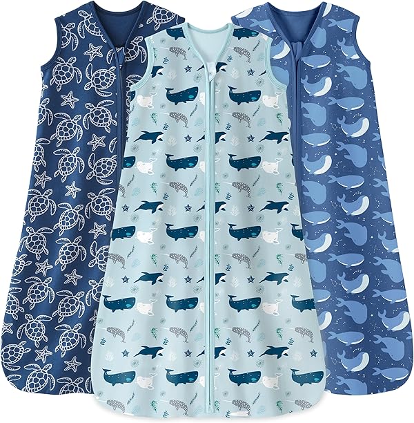 Unnivoll 3er Pack Schlafsack Baby Sommer 0.5 Tog 100% Baumwolle Sommerschlafsack Babyschlafsack 12-18 monate 84 cm für Jungen Mädchen Kinder Blau Hai