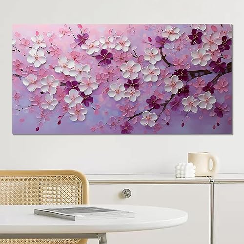Miniatura 2 de Tarfupth Arte de pared de flores rosas para sala de estar, lienzo botánico blanco con árbol grande para dormitorio, oficina, habitación de niñas,