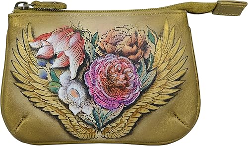 Anuschka Bolsa de piel auténtica pintada a mano para mujer, con cremallera, 2 llaveros