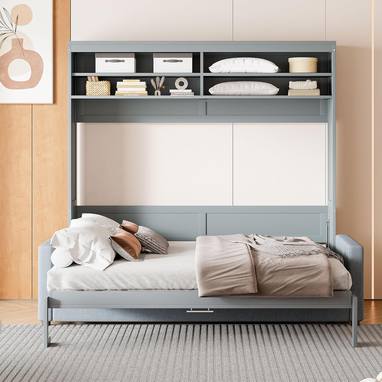 Linique Murphy Bed deployed with bedding