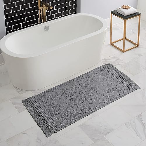 Miniatura 2 de Jean Pierre Ricardo - Tapete de baño con flecos, tejido con flecos, 100% algodón, decoración de baño de primera calidad, mide 27 x 52 pulgadas,