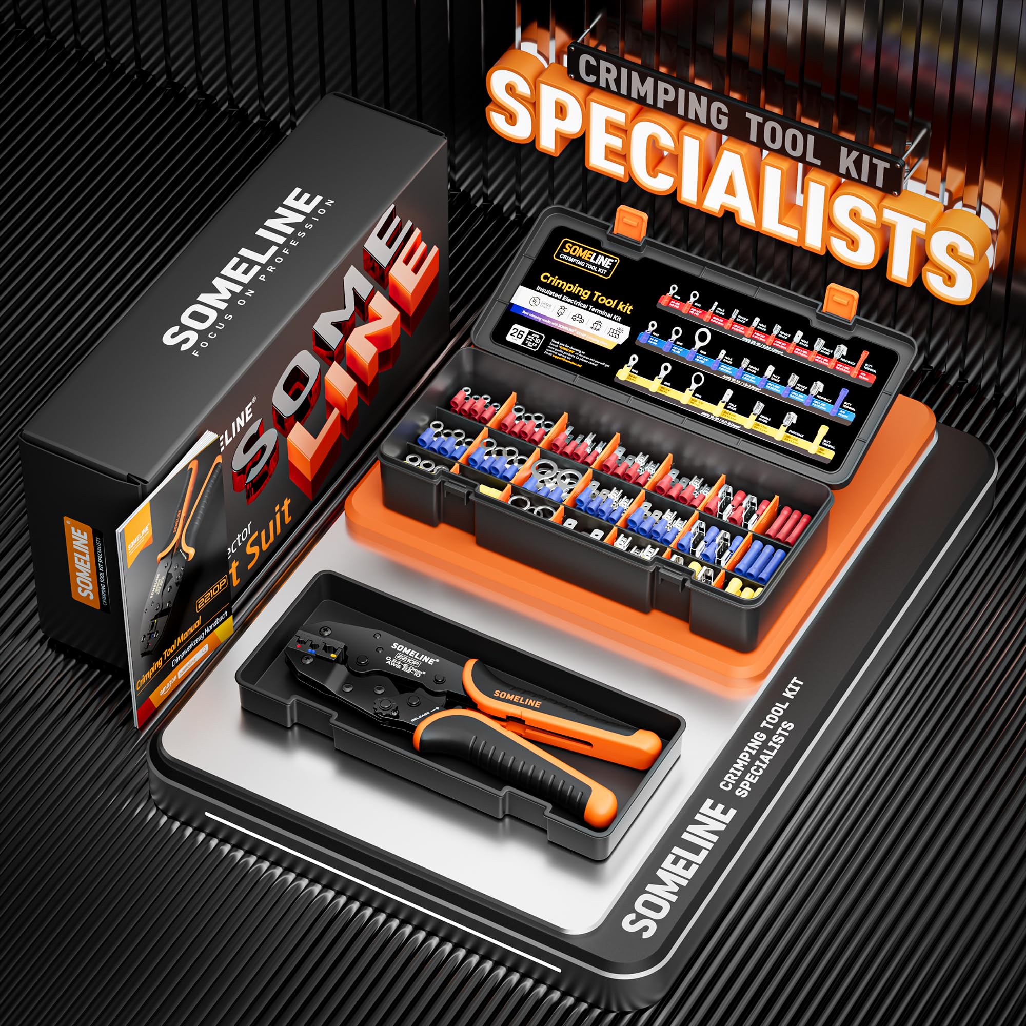 SOMELINE Kit de Crimpadora Terminales Eléctricos, 26 Tipos de Terminales Preaislados, 0,34–6mm² Crimpadora Autoajustable de Trinquete, para Electricista, Automoción y Bricolaje