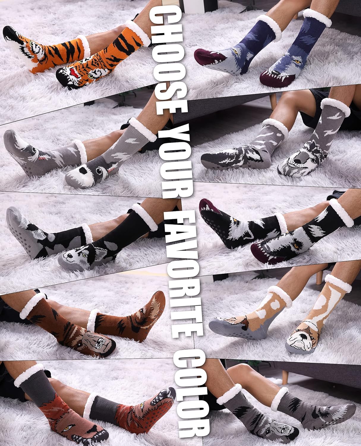 DYW Mens Slipper Socks Animal Fuzzy Non Slip Fluffy Winter Warm Soft Thick Fleece lined Thermal Home Socks - Image 2