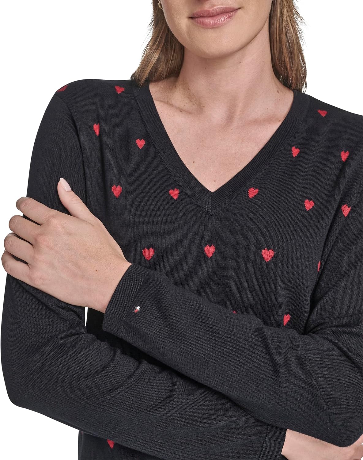Tommy Hilfiger Womens V-Neck Long Sleeve Cotton Heart Print Sweater - Image 5