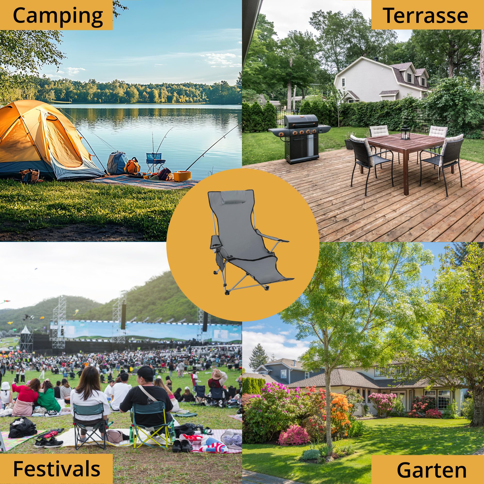 Stagecaptain CSF-600 MKII Nick Campingsessel mit Fußstütze – Faltbarer Campingstuhl mit Verstellbarer Rückenlehne, Getränkehalter & Tragetasche - Klappstuhl für Camping, Angeln & Festival - Grau