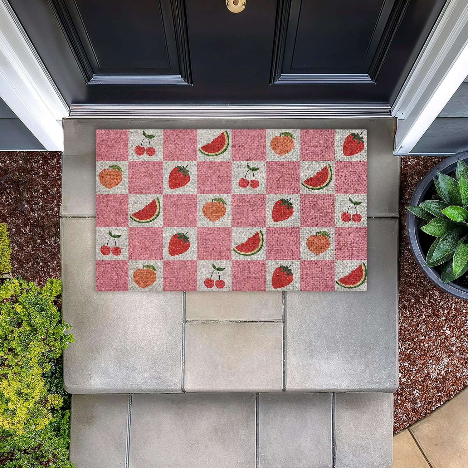 Pink Kitchen Fruits Checkered Outdoor Door Mat, Durable Non-Slip Woven Natural Texture Mat with Recycled Rubber Backing, Weather-Resistant Retro Kitchen Fruit Design by Lil' Rue, 18"x30"