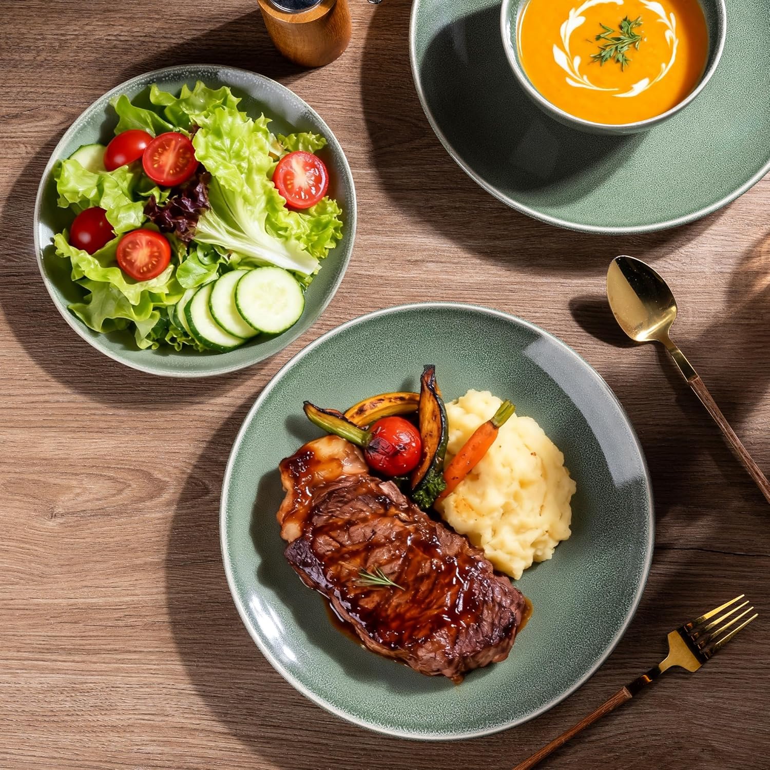 AmorArc Ceramic Dinnerware Sets for 4, 12 Pieces Handpainted Plates and Bowls Set, Scratch Resistant Stoneware Dishes Set, Dishwasher & Microwave Safe, Jade Green - Image 6