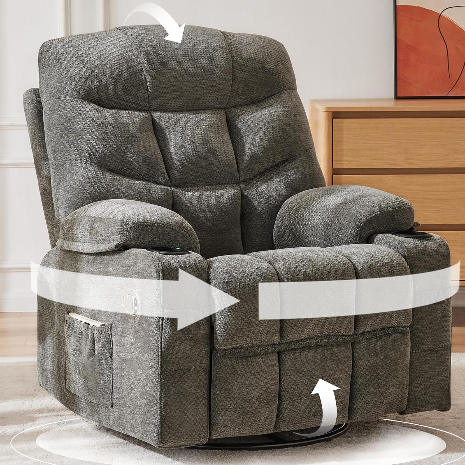 360°Swivel Rocker Recliner Chair,Rocking Recliner Chair with Adjustable Backrest for Adults,Upholstered Fabric Rocking Chair Swivel for Bedroom,Living Room,Grey