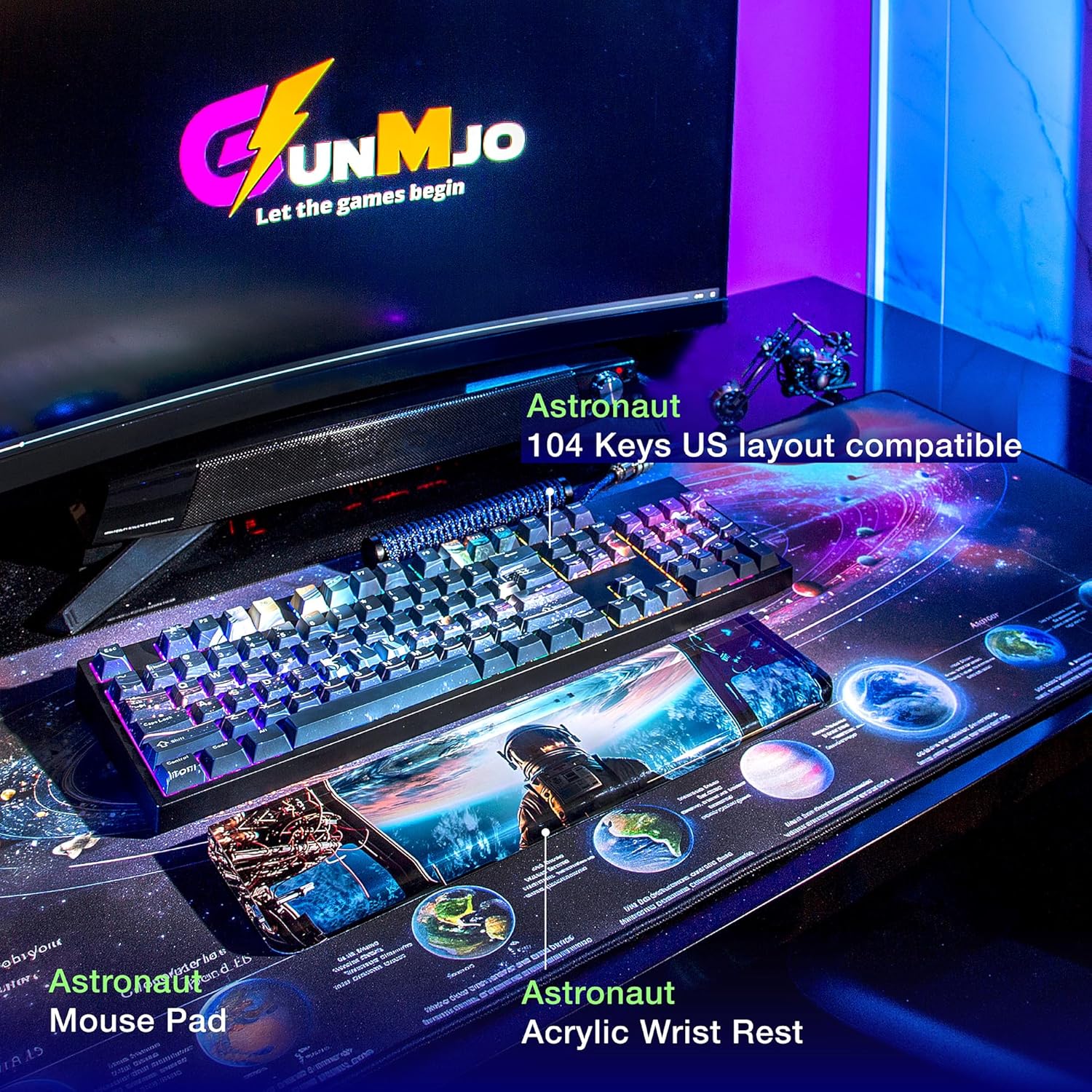 GUNMJO PBT Dye-Sublimation Astronaut Keycaps for Gaming Keyboard with Cherry Gateron MX Switches Mechanical Keyboard, OEM Profile 61/87 /Full 104 Keys US Layout Compatible Keys with 6.25U Space Bar