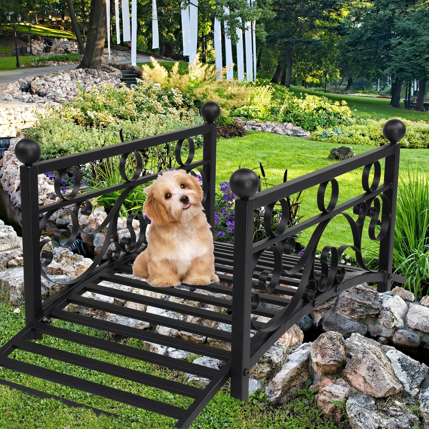 40.16" Metal Arch Garden Bridge, Ourdoor Decorative Iron Foot Bridge with Round Ball and Flat Top Handrail, Arch Footbridge Walkway for Garden Yard Backyard Creek Farm Stream (Matte Black)