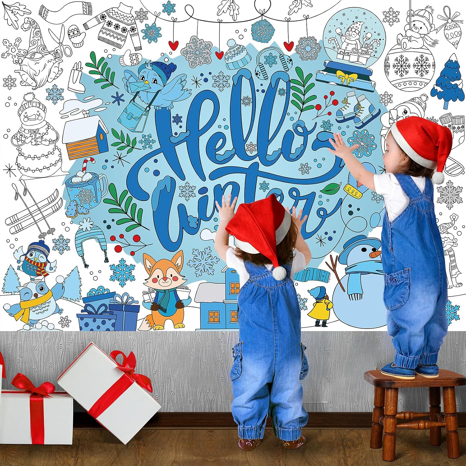 HOWAF Winter Snowflake Giant Coloring Poster with 24 (12 Colors) Paint Pens, Hello Winter Scenes Large Coloring Tablecloth Snowflake Huge Table Cover for Kids Classroom Home Holiday Party Favor