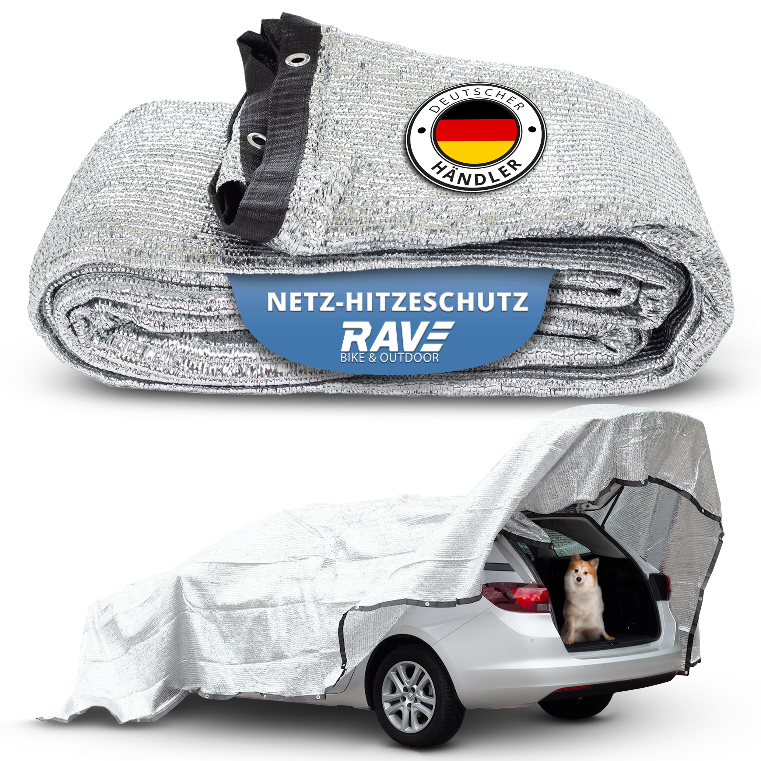 RAVE Aluminium-Schattennetz 6×4 m – Sonnenschutznetz für Auto & Hund – reflektierend, atmungsaktiv – Camping & Outdoor