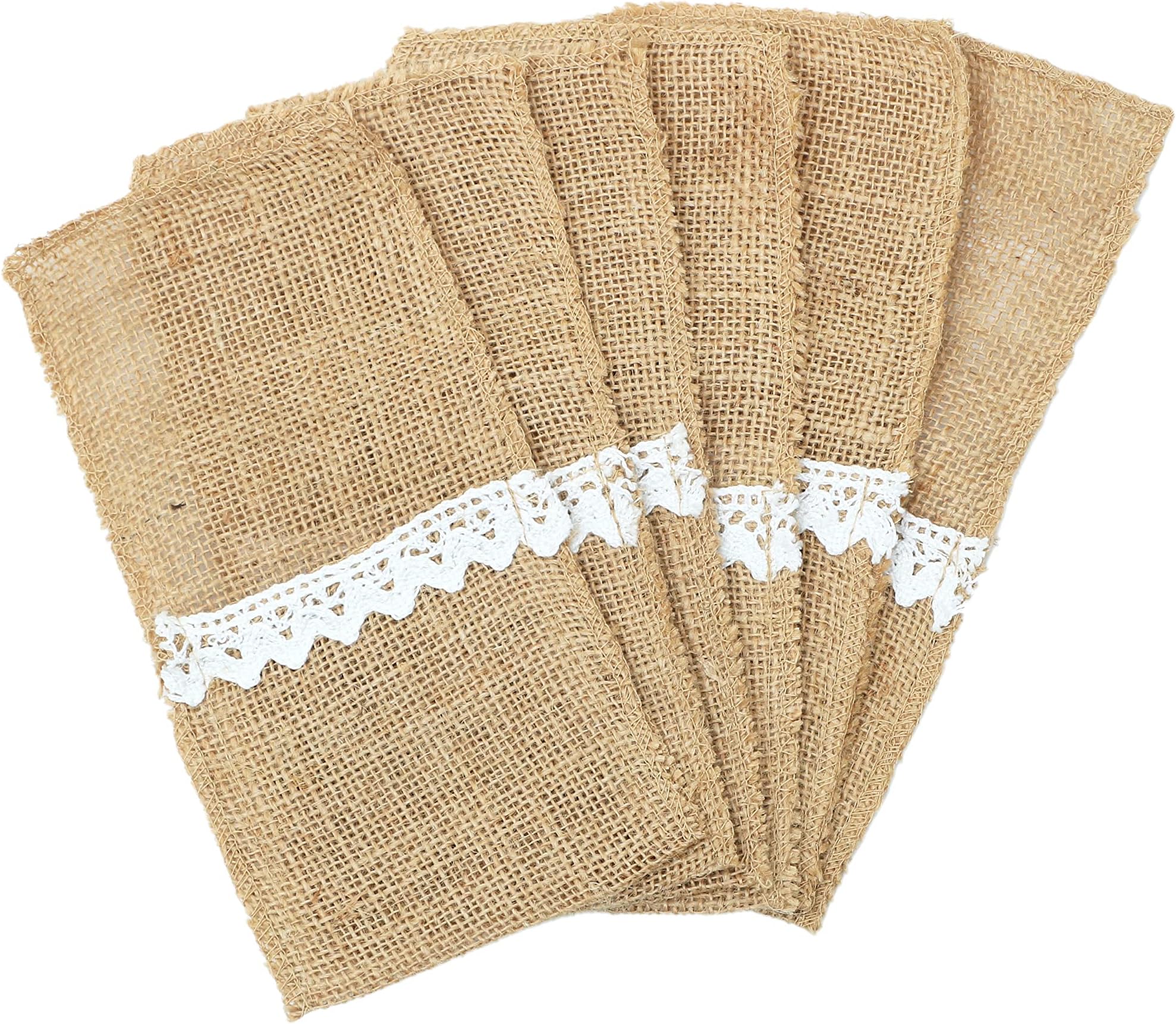 Cutlery Pockets with Lace -Set of 6|Burlap Utensils Holder|Dining Table Accessory|Addition To Placemats |Jute Material |Holders For Spoon, Fork, Butter Knife |3’’ x 6’’ (Aesthetic Lace)