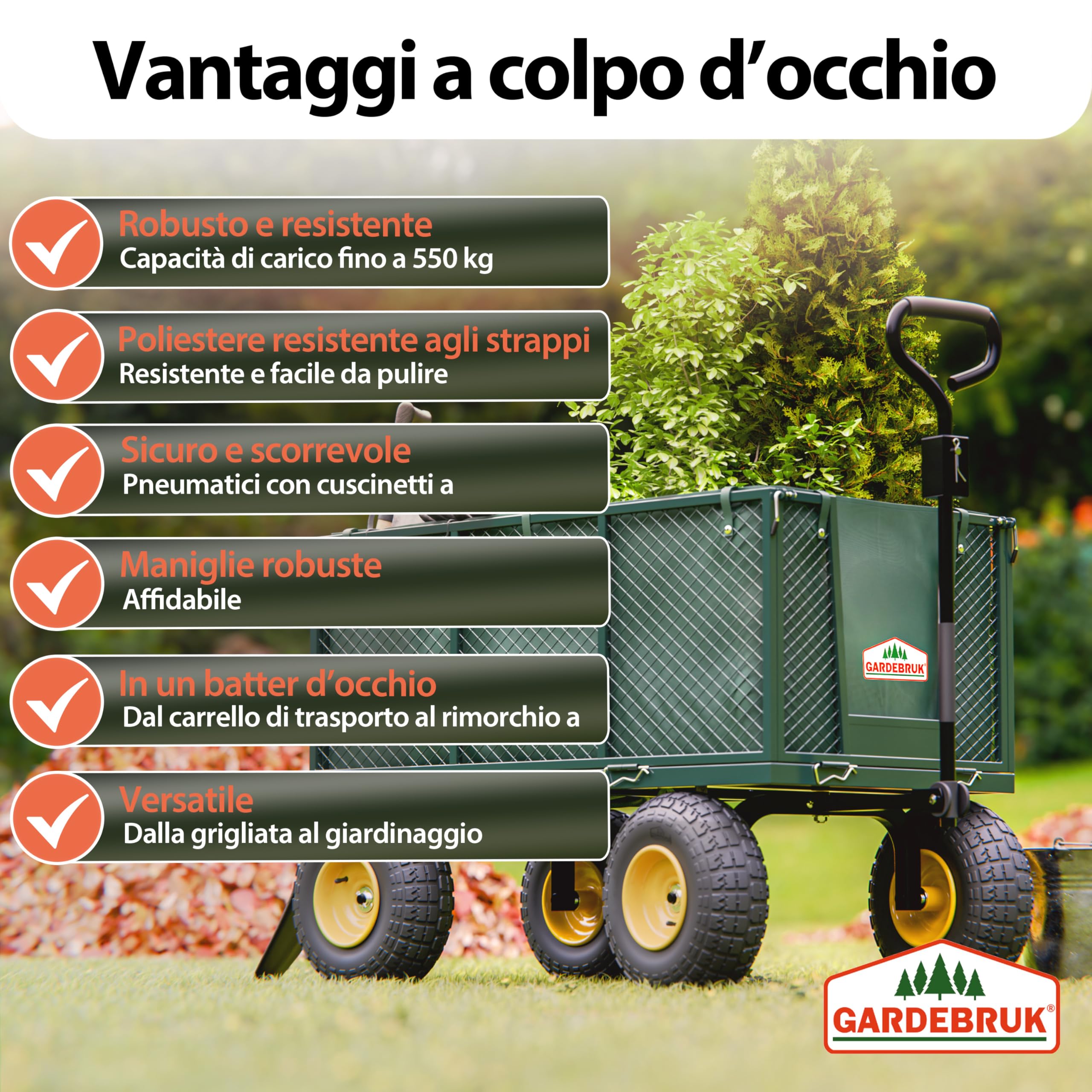 GARDEBRUK® Carrello Portatutto con Ruote 550 kg Rimorchio Carretto Grande da Giardino con Borsone in Tela Rimovibile