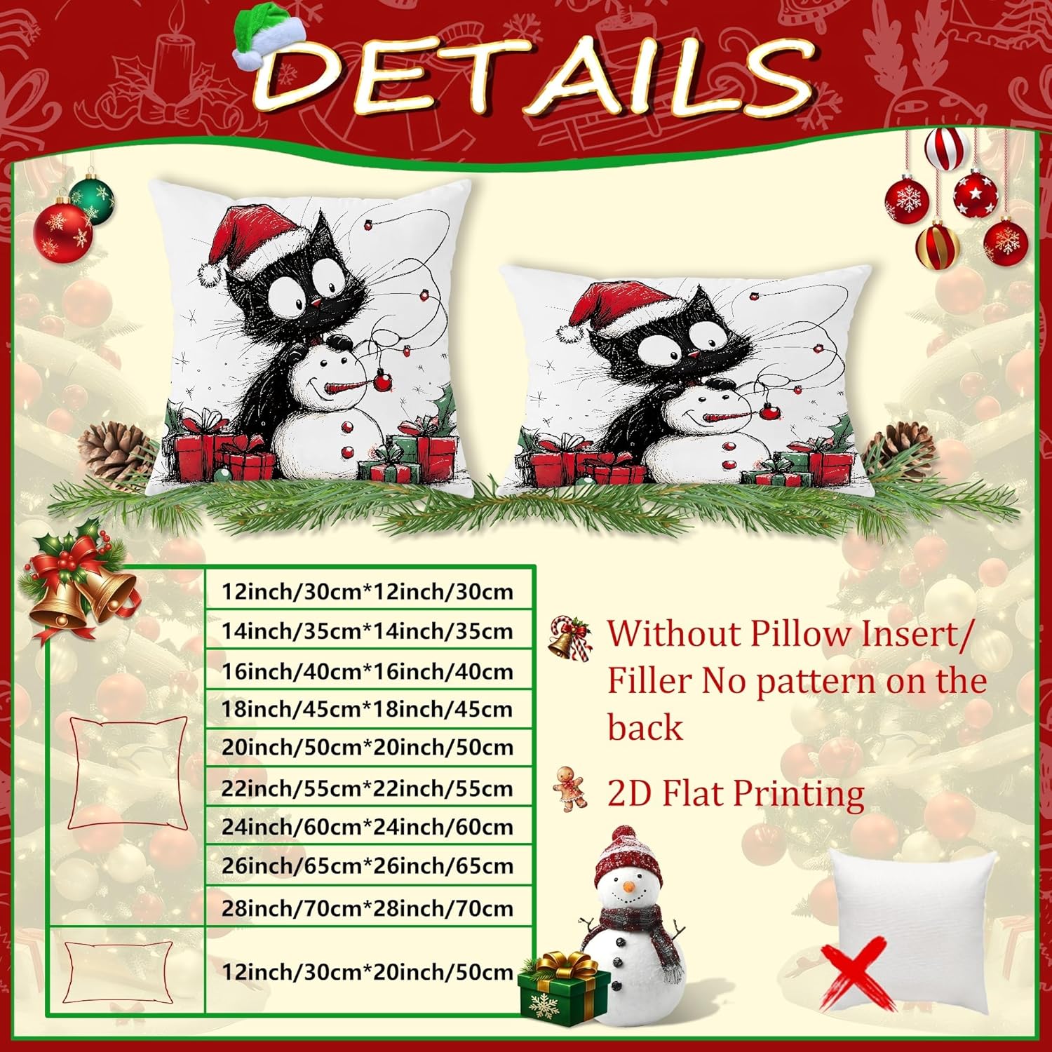 Christmas Cat Throw Pillow Covers Set of 4, Black Feline Santa Claus Decorative Cushion Cases for Holiday Home Sofa Bed Couch Decor 24x24 Inch