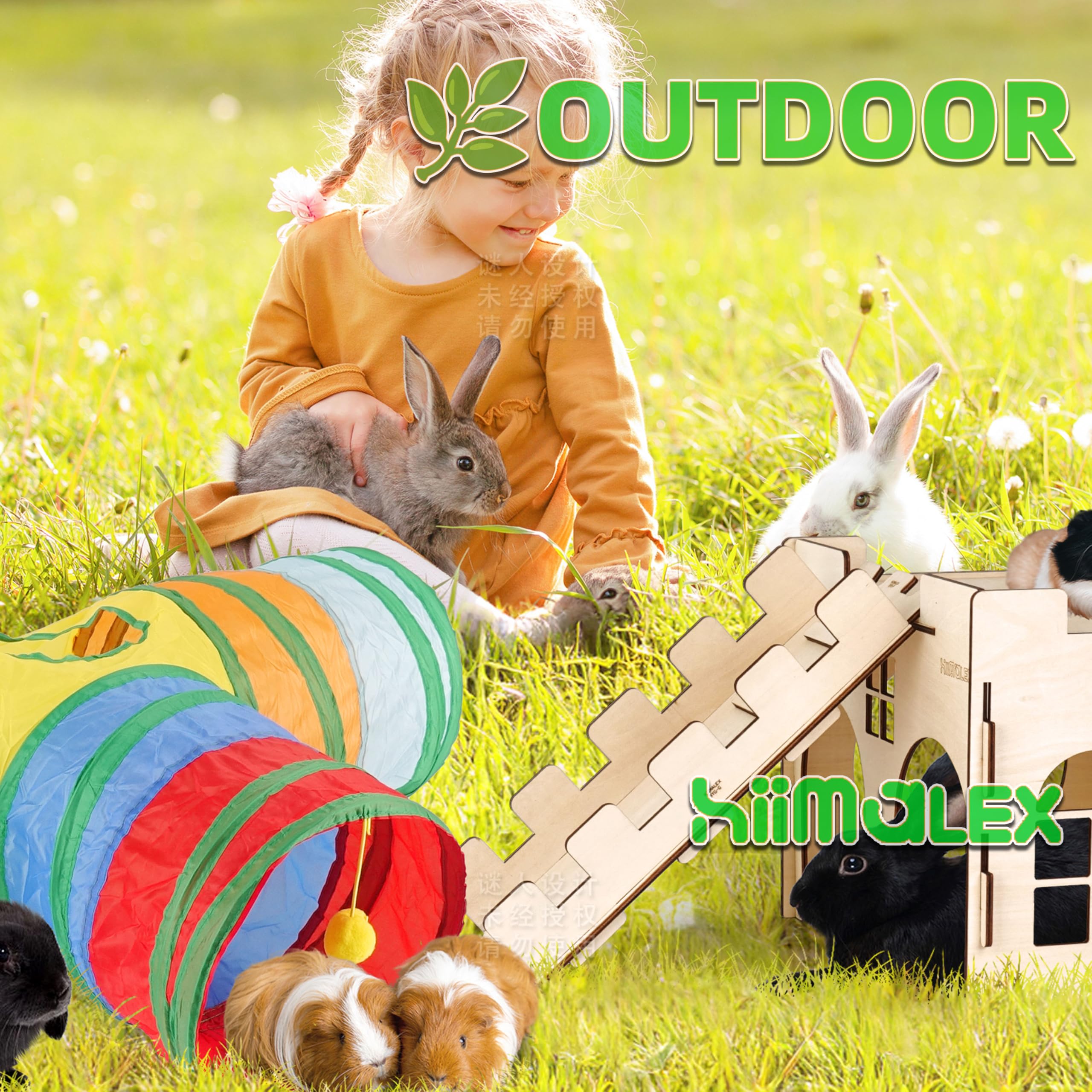 hiimalex Caja de regalo de conejo: castillo de conejo con rampa, cama de felpa, túnel colorido para conejos de interior para jugar, esconder casa con escaleras, tubo, cama de felpa para conejos,