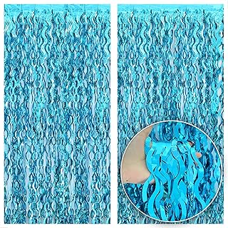 KatchOn, XtraLarge, Wavy Blue Foil Fringe Curtain - Pack of 2 | Blue Fringe Backdrop for Beach Party Decorations | Wavy Streamers For Birthday, Under The Sea Party Decoration | Pool, Summer Decoration