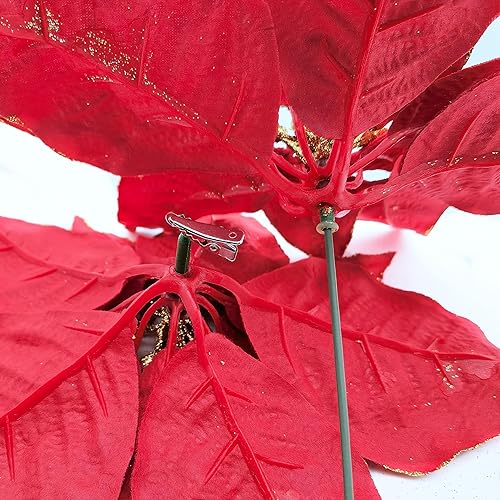 Miniatura 6 de M2cbridge Flores Artificiales de Navidad Flores de Pascua de Terciopelo Rojo Selecciones Florales para Corona de Navidad Adornos de Árbol