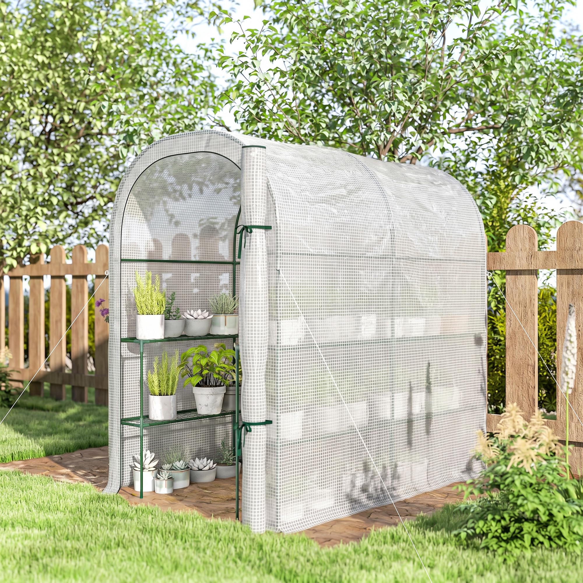 Outsunny Serra da Giardino con Scaffali a 2 Livelli e Porta Avvolgibile, Serra per Orto con Struttura in Acciaio, Copertura in PE Anti-UV, per Orto Verdure Fiori Piante, 123x187x189 cm, Bianco
