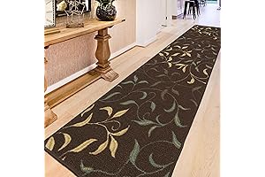 Non-Slip Rubberback 3 x 10 Runner Rug in Brown with Washable Leaves Design