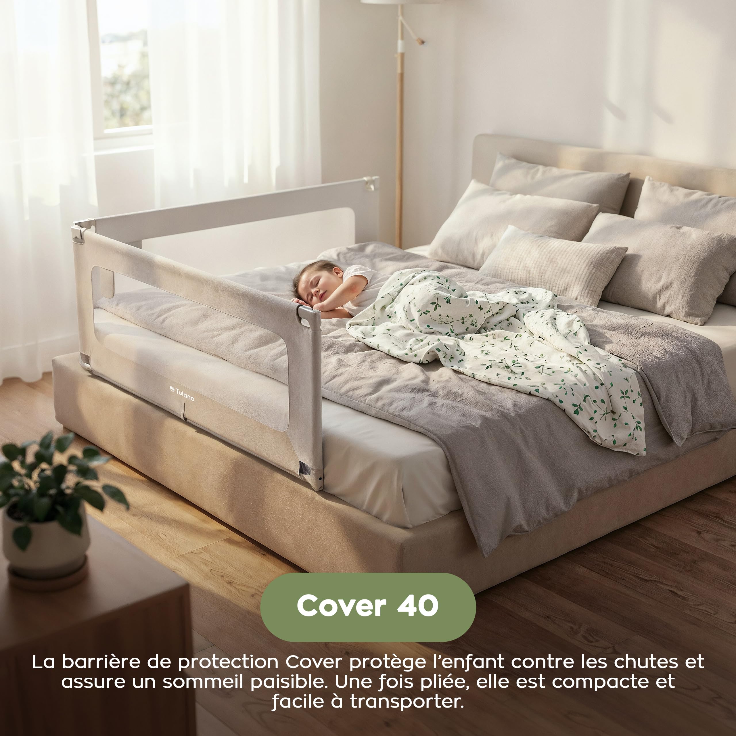 TULANO Cover 40 – Barrière de lit pour Enfant 200 cm – Barrière de sécurité Rabattable – Réglable en Hauteur – Protection Anti-Chute – Compatible lit Adulte – Matelas 10–28 cm – Blanc/Gris