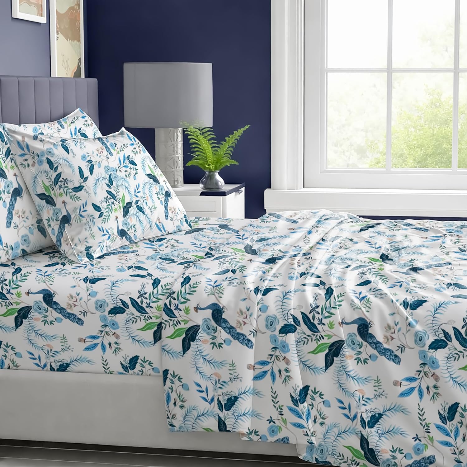 Where The Polka Dots Roam Peacock Sheets Queen Bedding Set - Super Soft 4 Piece Blue Floral Bed Sheets for Kids Teens with Fitted Sheet, Flat Sheet & Pillowcase - Colorful Peacock Bedding Room Décor