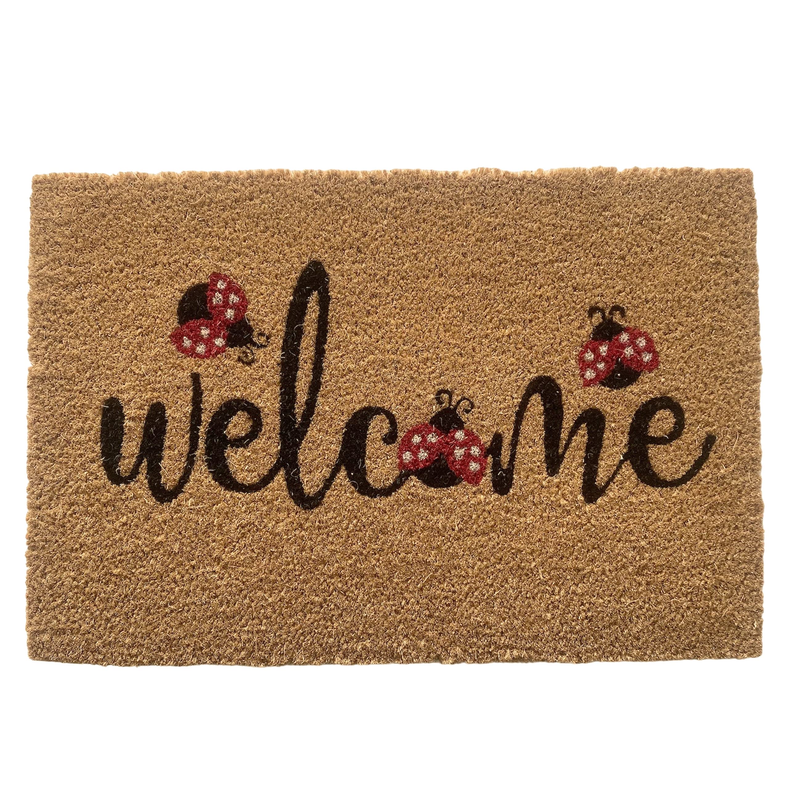 Teppich-Traum Kokos wycieraczka biedronka Welcome czerwona 60 x 90 cm | Antypoślizgowe, wytrzymałe, łatwe w pielęgnacji, antybakteryjne, odporne na wilgoć, trwałe, do wejścia, na taras i balkon