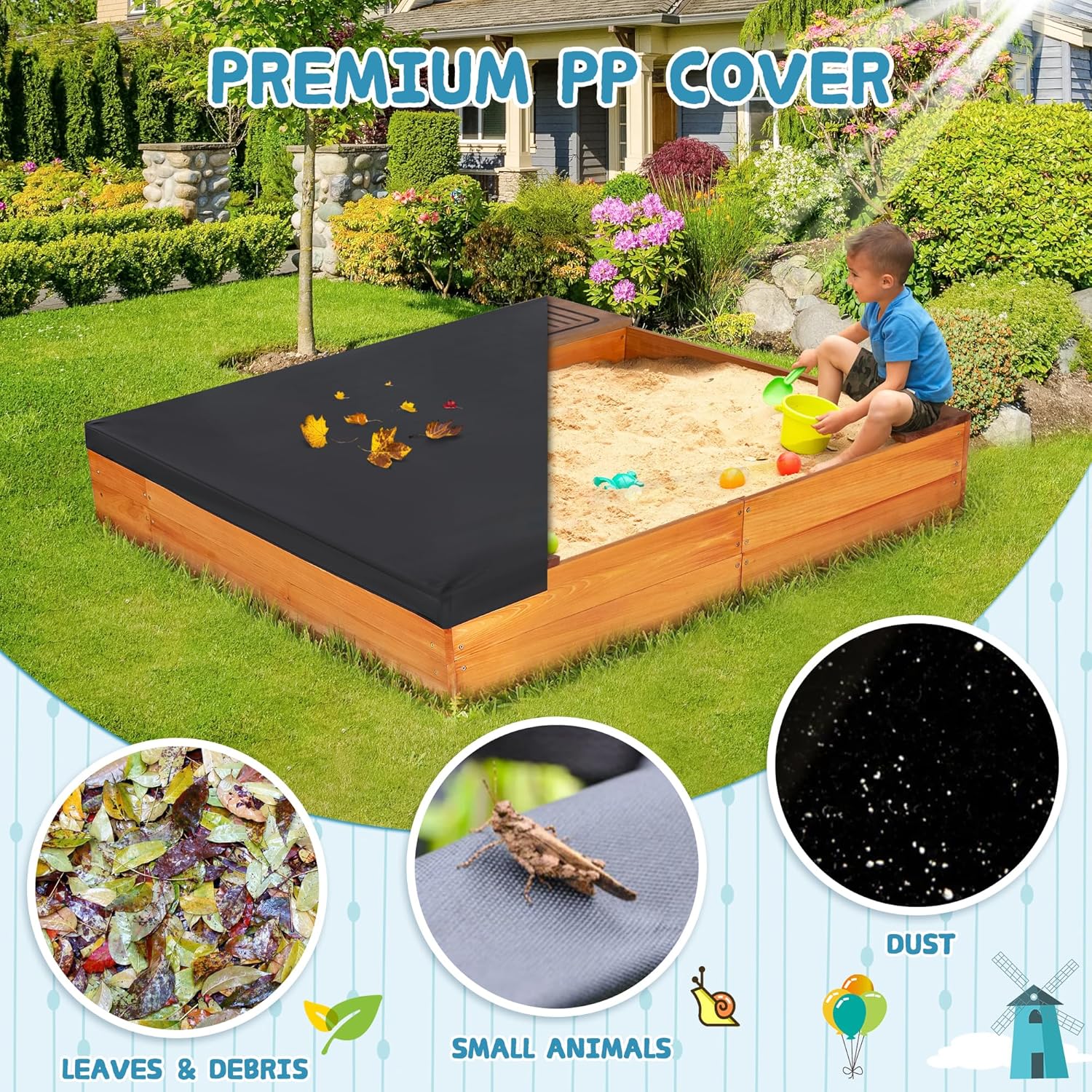 Sandbox with Cover, 2 in 1 Sandpit & Kitchen Playset, Outdoor Sand Box with Bottom Liner, PP Cover, Grill, Cooking Accessories, Toddlers Sandboxes for Backyard, Beach, Garden, Gift for Kids
