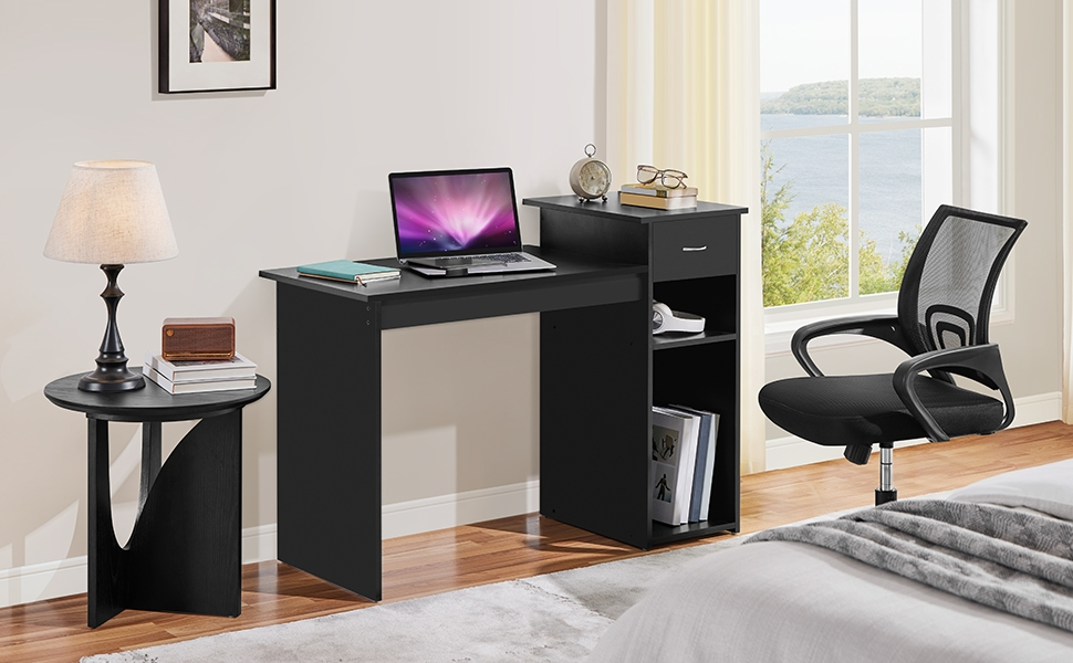 Bureau Informatique 112cm Avec Tiroir - Table De Travail Noir Avec Étagères