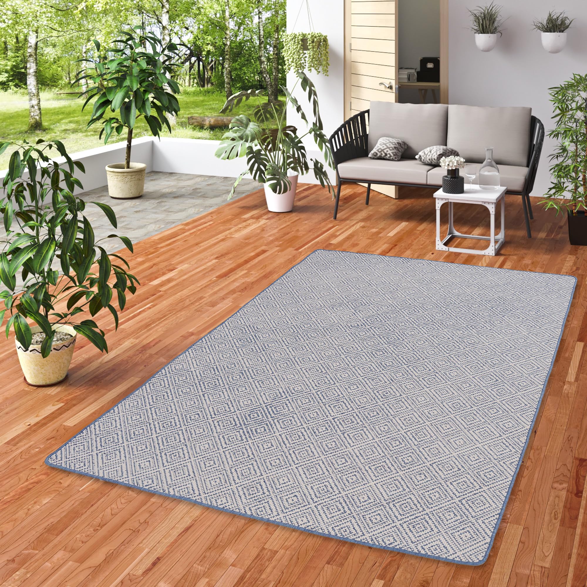 Snapstyle Newport In- & Outdoor Teppich Blau Vintage - Wetterfest & UV-beständig - Beidseitig nutzbar, Pflegeleicht - Balkon, Terrasse, Garten & Innenbereich - In vielen Größen erhältlich