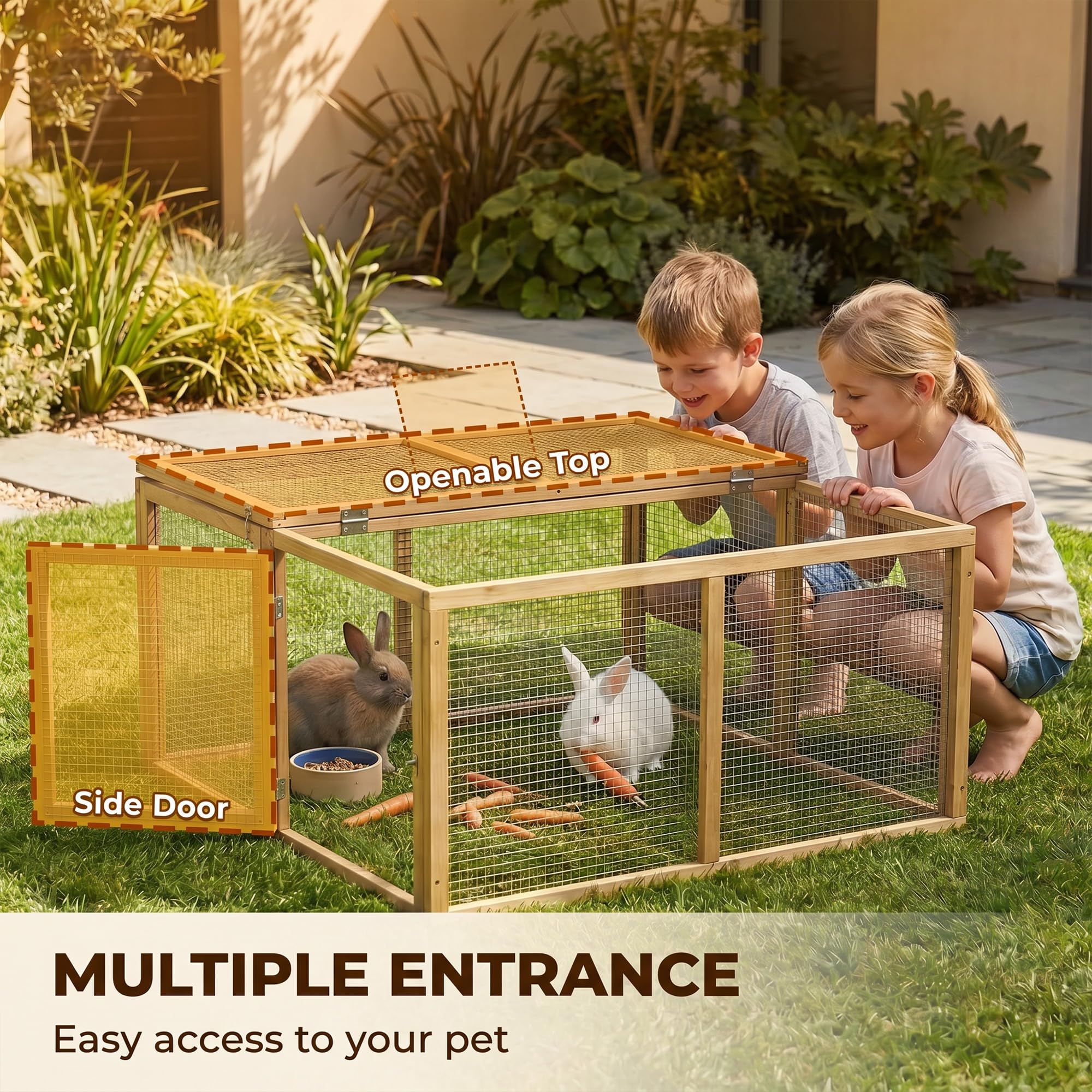 PawHut Enclos Lapin Extérieur Pliable avec Toit Ouvrant Total - Cage Lapin Intérieur Bois Robuste avec Poignée et Sol sans Fond - Parc Lapin 1,44㎡ pour 2-3 Cochons d'Inde 120x120x57cm, Naturel
