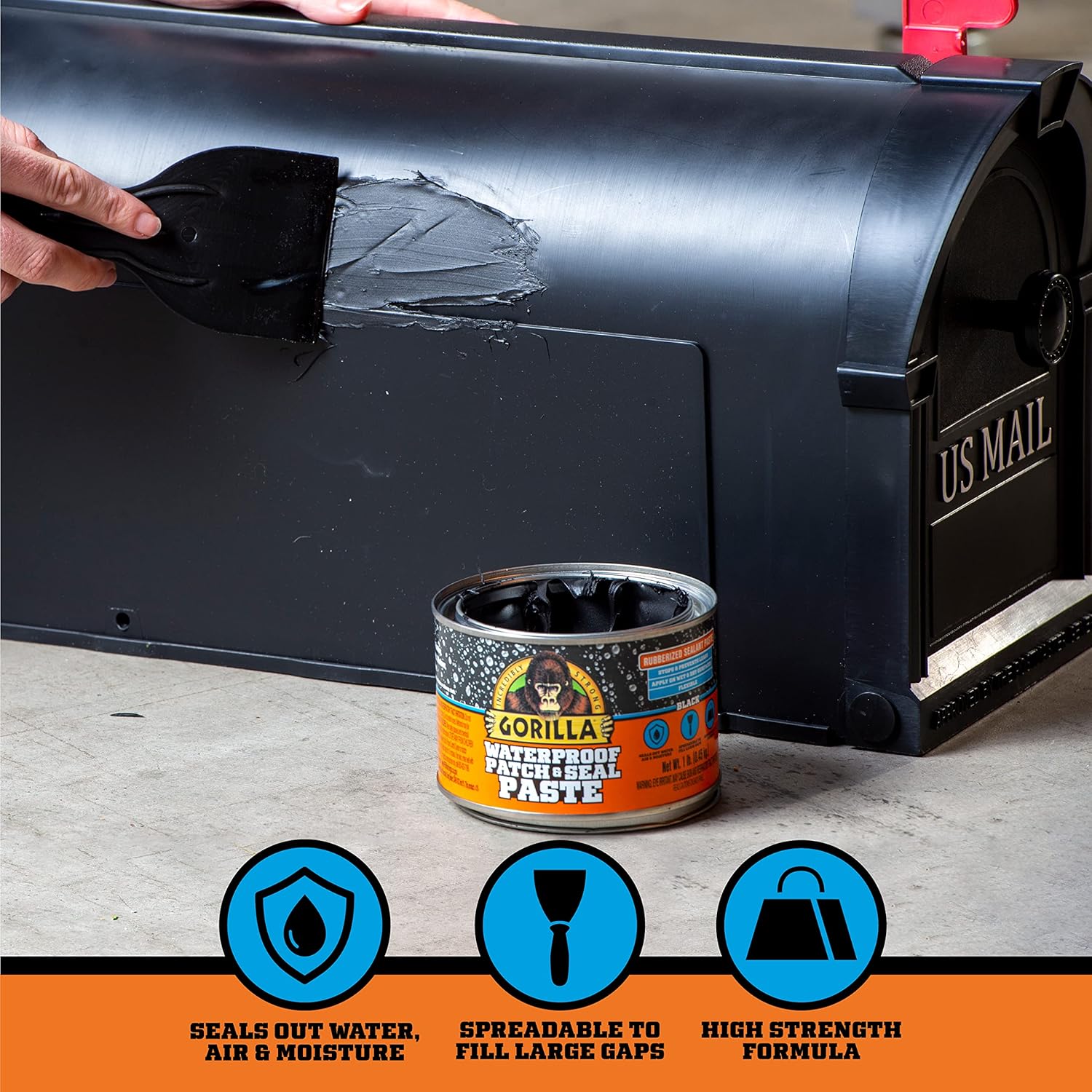 Gorilla Waterproof Patch & Seal Rubberized Sealant Paste, Black, 1lb Can (Pack of 1)