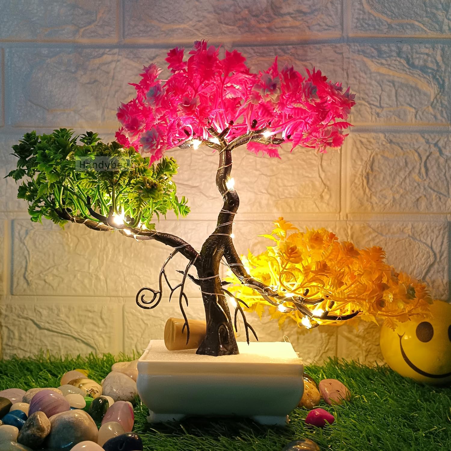 Plastic Potted Bonsai Tree with LED Light, 24cm Fake Indoor Potted Houseplants Bedroom Living Room, Home Office Tabletop Working Desk Décor (1PC) Potted Faux Japanese Bonsai Plant, Multicolor