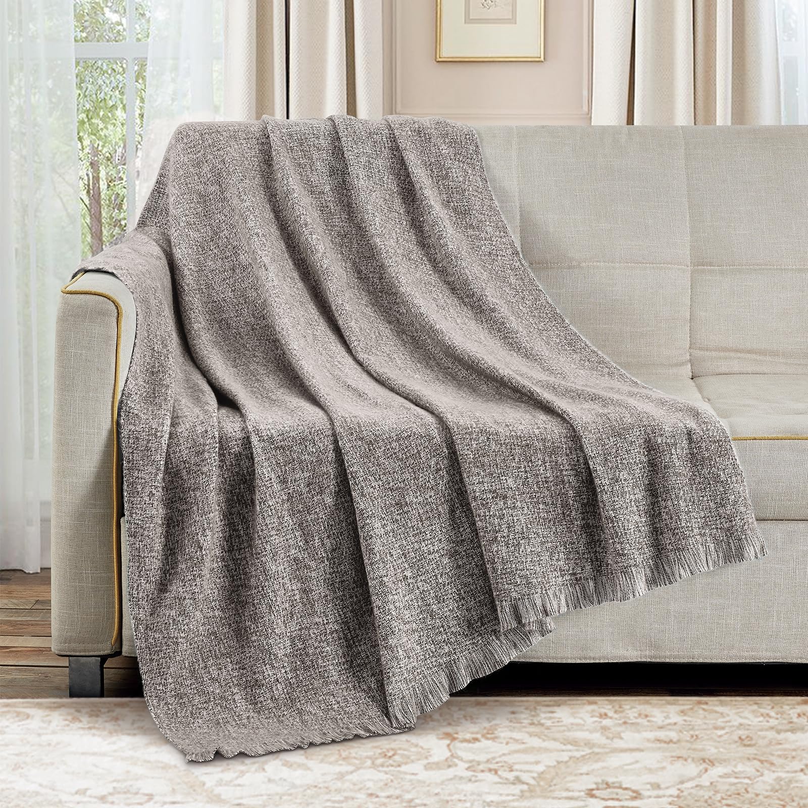 BOURINA Faux Cashmere Fringe Throw Blanket Decorative Lightweight Throw Soft Cozy for Bed or Sofa Outdoor Blanket 127x178cm Brown - Image 2