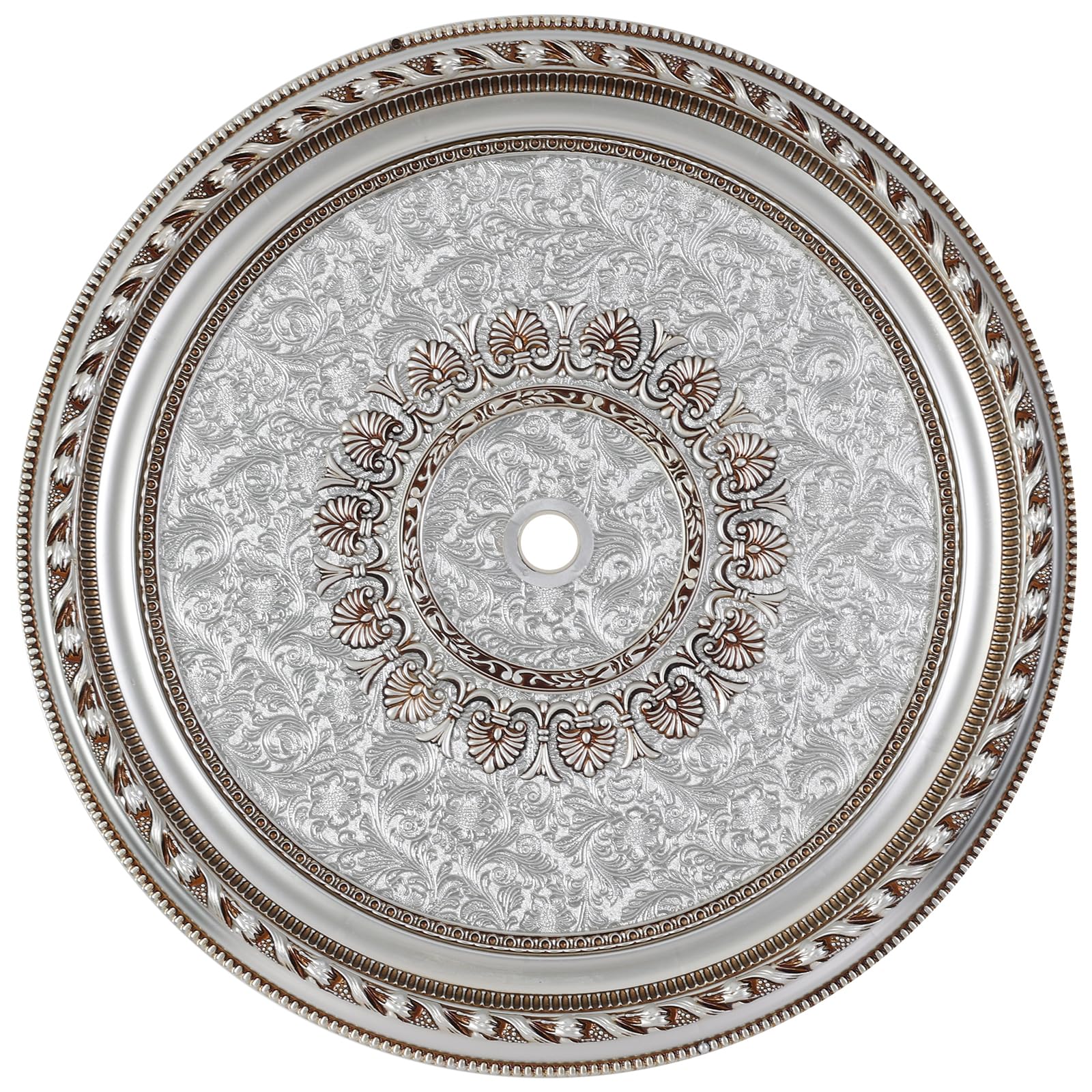 Large Ceiling Medallion, 31.5 Inch, Silver and Gold, Floral Embossed, for Light Fixtures and Chandeliers