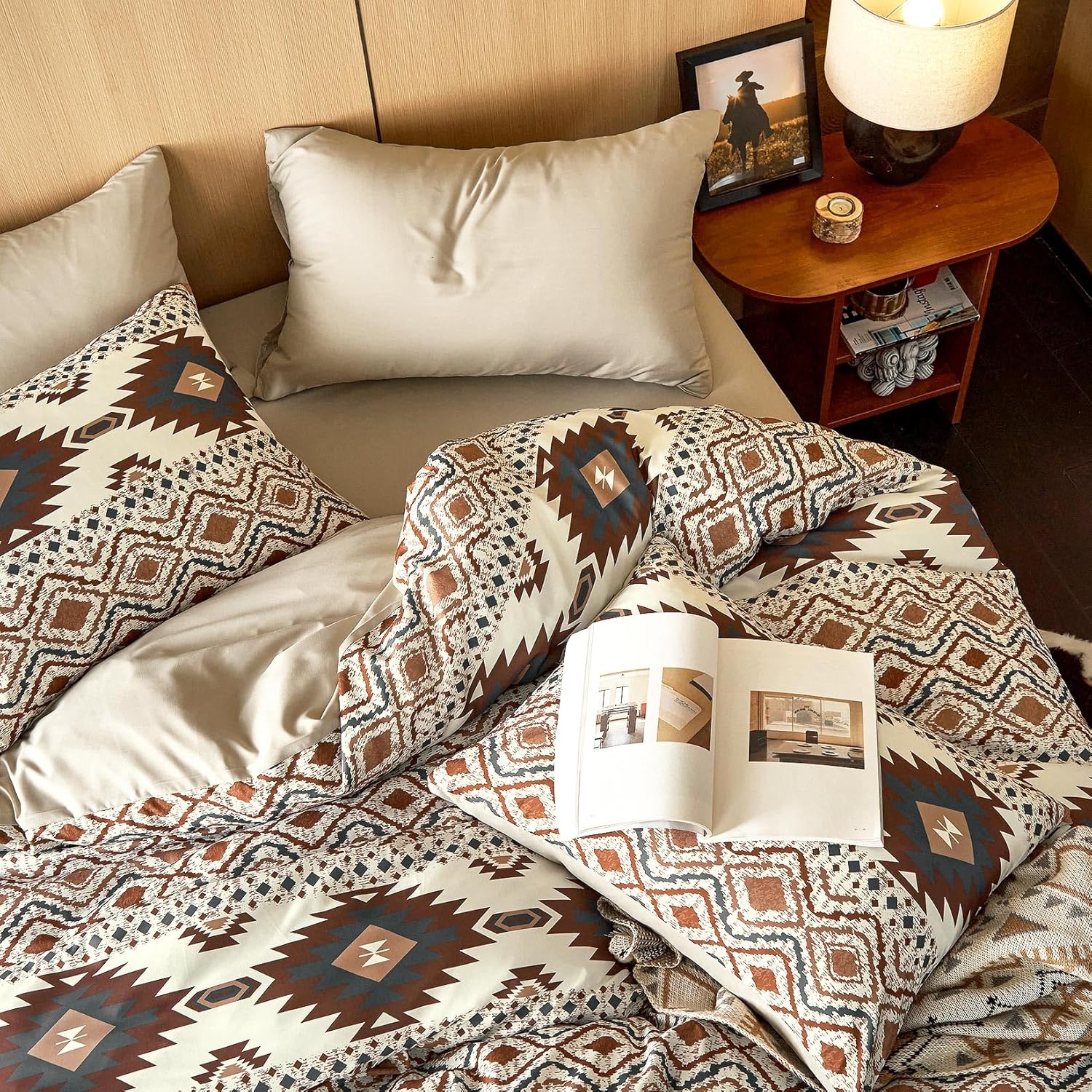 Wake In Cloud - Western Comforter Set, Southwestern Aztec Country Style with Rustic Ranch Vibe, Soft Lightweight Bedding, 3 Pieces, Beige Brown, Queen Size - Image 5