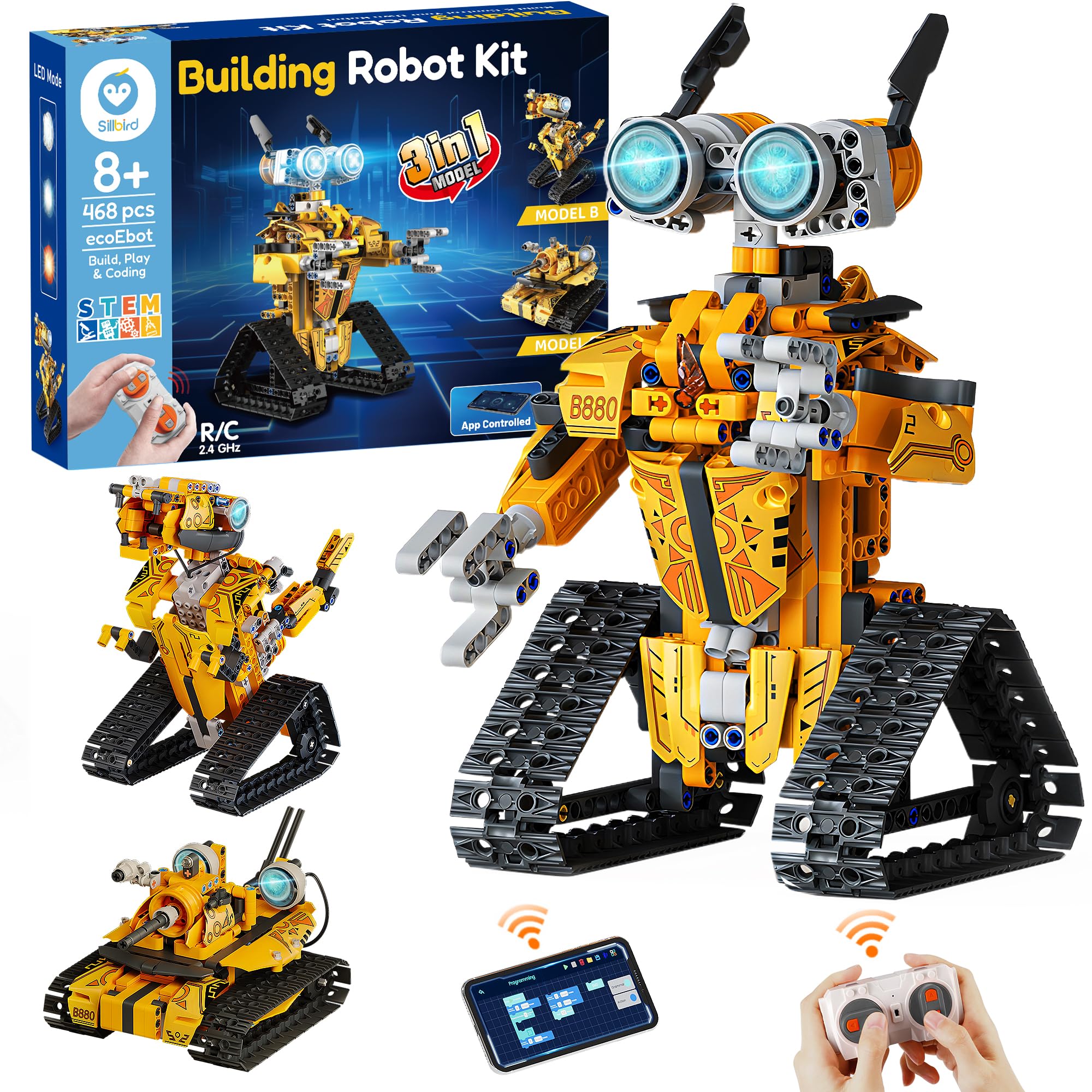 Sillbird Robot Building Kit with Remote Control Christmas STEM Gifts for Boys Age 8-12, Technic Buildable 3in1 Model Coding Robotic Set Birthday Toys for Kids Teens (468 Pieces)