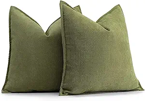 ZWJD Olive Green Pillow Covers 16x16 Set of 2 Chenille Throw Pillow Covers with Elegant Design Soft and Luxurious Decorative Throw Pillows for Couch, Bed, and Home Decor